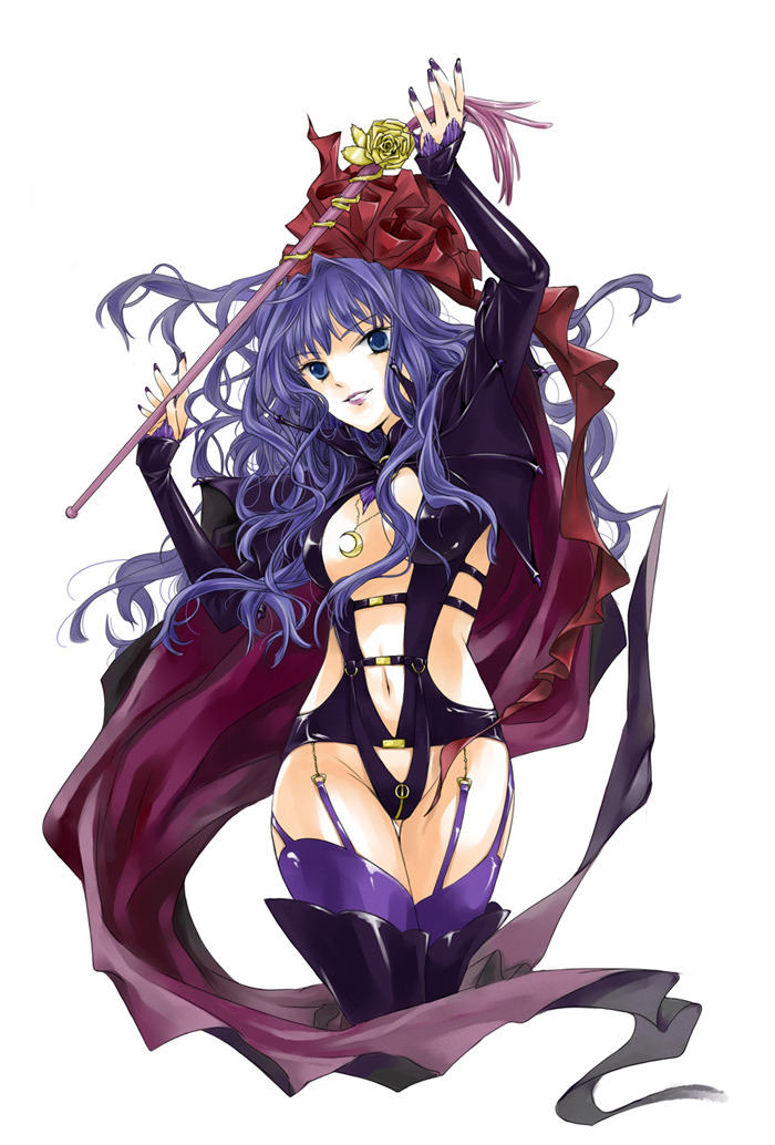 blue_eyes blue_hair breasts cape cleavage curly_hair hj lipstick long_hair macross macross_frontier midriff navel purple_lipstick sheryl_nome thighhighs wand