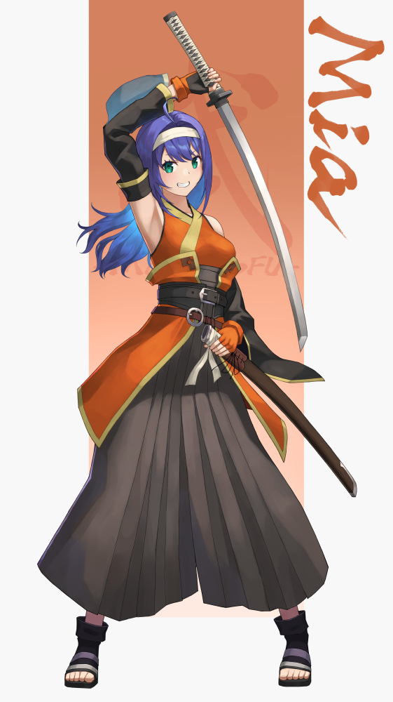 1girl ahoge bare_shoulders belt black_gloves black_hakama breasts character_name commentary_request detached_sleeves dot_nose fingerless_gloves fire_emblem fire_emblem:_path_of_radiance full_body gloves green_eyes hairband hakama holding holding_sheath holding_sword holding_weapon japanese_clothes long_hair looking_at_viewer mia_(fire_emblem) orange_background purple_hair sheath smile solo sword teeth toes two-tone_background weapon white_background white_hairband yonaga_nagaduki