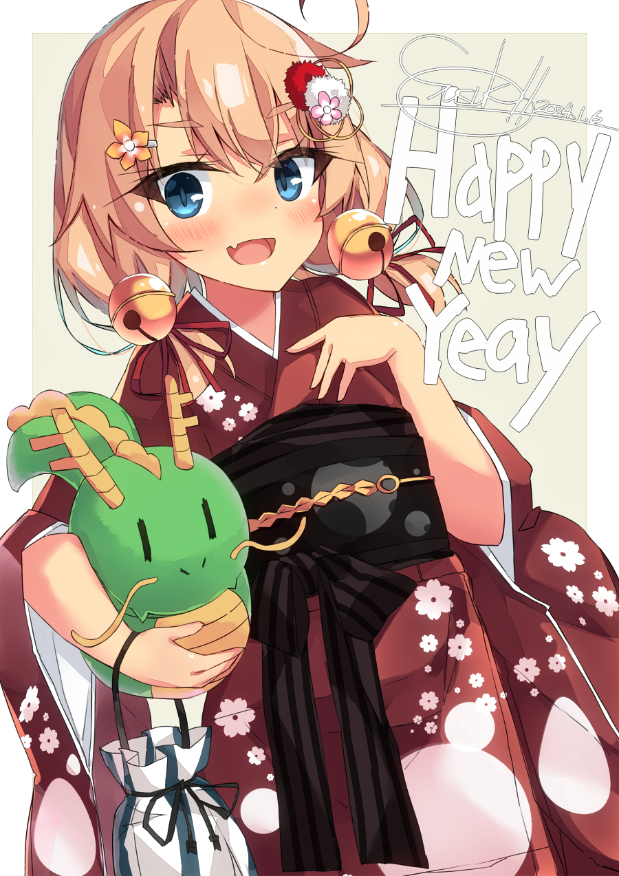 1girl :d bell beritabo blue_eyes blush brown_hair chinese_zodiac commentary_request dated fang floral_print flower grey_background hair_bell hair_flower hair_ornament hair_ribbon hairclip happy_new_year highres japanese_clothes jingle_bell kimono long_hair long_sleeves looking_at_viewer nengajou new_year obi orange_flower original pink_flower print_kimono red_flower red_kimono red_ribbon ribbon sash signature smile solo thick_eyebrows two-tone_background typo white_background white_flower wide_sleeves year_of_the_dragon