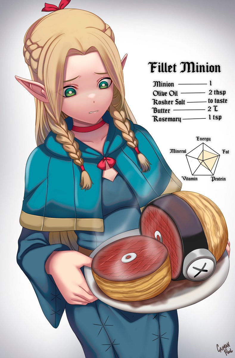 1girl blonde_hair blue_capelet blue_robe bone braid caiman_pool capelet choker cowboy_shot despicable_me dungeon_meshi elf english_text flat_chest goggles green_eyes highres holding holding_plate ingredients long_hair long_sleeves looking_down marcille_donato minions_(movie) parted_bangs plate pointy_ears pun robe simple_background solo steam twin_braids white_background