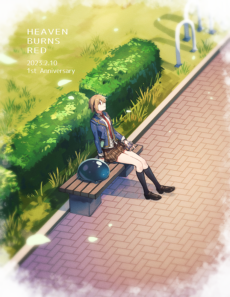 1girl anniversary bench black_footwear black_socks blazer blonde_hair blue_jacket brown_skirt can collared_shirt copyright_name dated drink_can english_text grass heaven_burns_red holding holding_can jacket kanya_(asa_yake01) kayamori_ruka kneehighs loafers long_sleeves looking_up narvy_(heaven_burns_red) necktie on_bench open_clothes open_jacket outdoors pavement plaid plaid_skirt pleated_skirt red_eyes red_necktie road shirt shoes short_hair sitting skirt sleeve_cuffs socks solo street white_shirt wooden_bench
