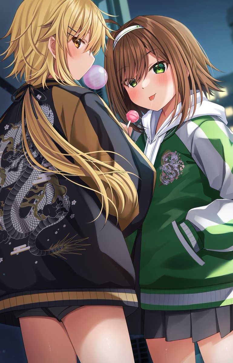 2girls :p ahoge black_jacket blonde_hair blush brown_eyes brown_hair bubble_blowing candy chewing_gum commentary_request drawstring food green_eyes green_jacket grey_shorts grey_skirt hair_between_eyes hair_intakes hair_ornament hairband hairclip hand_in_pocket haru_(kuzuyu) highres holding holding_candy holding_food holding_lollipop hood hood_down hoodie jacket komori_kuzuyu lollipop long_hair long_sleeves low_twintails multiple_girls nao_(kuzuyu) open_clothes open_jacket original pleated_skirt ponytail profile puffy_long_sleeves puffy_sleeves saliva saliva_trail short_shorts shorts skirt standing tongue tongue_out twintails very_long_hair white_hairband white_hoodie