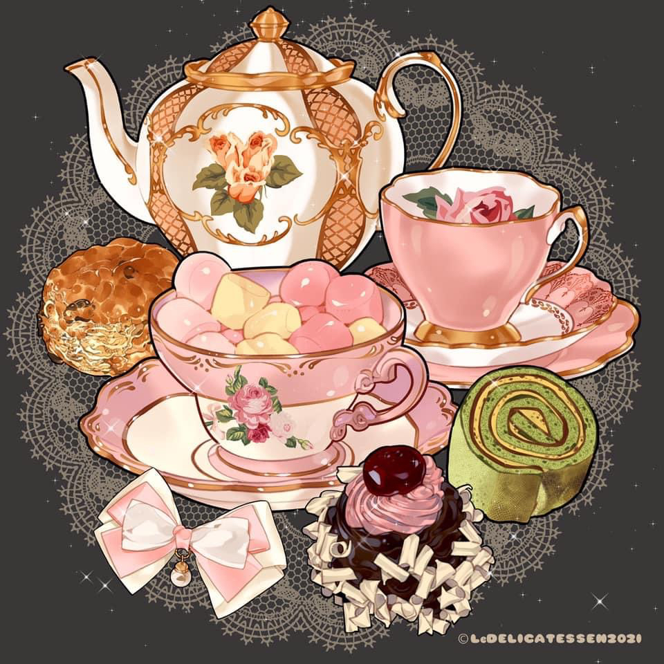 artist_name bow cake cherry chocolate commentary cup cupcake dessert doily english_commentary floral_print flower food food_focus fruit le_delicatessen marshmallow matcha_(food) no_humans original pink_theme saucer sparkle still_life tagme teacup teapot
