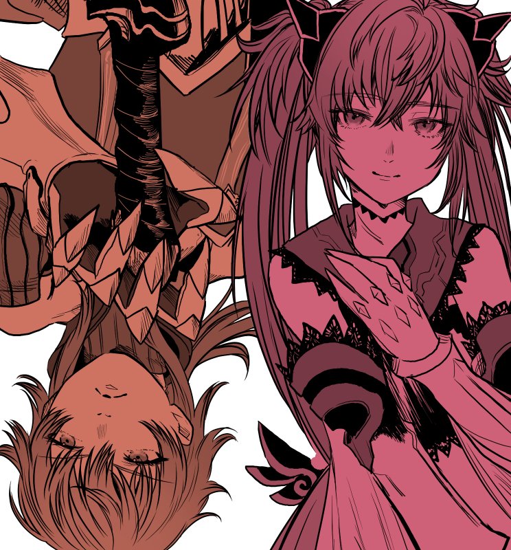 1boy 1girl closed_mouth crossed_bangs detached_sleeves fake_horns fate/grand_order fate/grand_order_arcade fate_(series) gloves hair_between_eyes hand_on_own_chest horns long_hair long_sleeves looking_afar looking_at_viewer metarogu partially_colored rama_(fate) simple_background sita_(fate) smile sword twintails weapon white_background