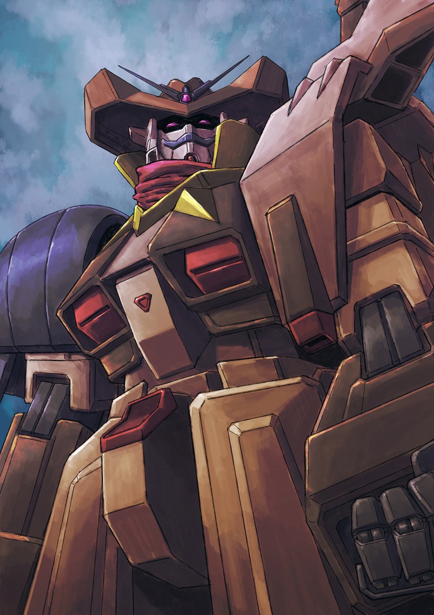 adi_(adivider) antennae clouds english_commentary facial_hair g_gundam gundam hat highres looking_ahead mecha mobile_suit mustache no_humans original portrait red_eyes red_scarf redesign robot scarf science_fiction super_robot tequila_gundam upper_body