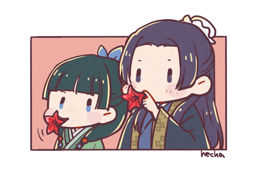 1boy 1girl blunt_bangs bun_cover chibi chinese_clothes flower flower_in_mouth freckles green_hair hair_bun hair_ribbon half_updo hand_up hanfu hecha height_difference jinshi_(kusuriya_no_hitorigoto) kusuriya_no_hitorigoto long_hair long_sleeves looking_ahead maomao_(kusuriya_no_hitorigoto) mouth_hold outside_border parted_bangs purple_hair red_background red_flower ribbon side-by-side single_hair_bun upper_body wide_sleeves