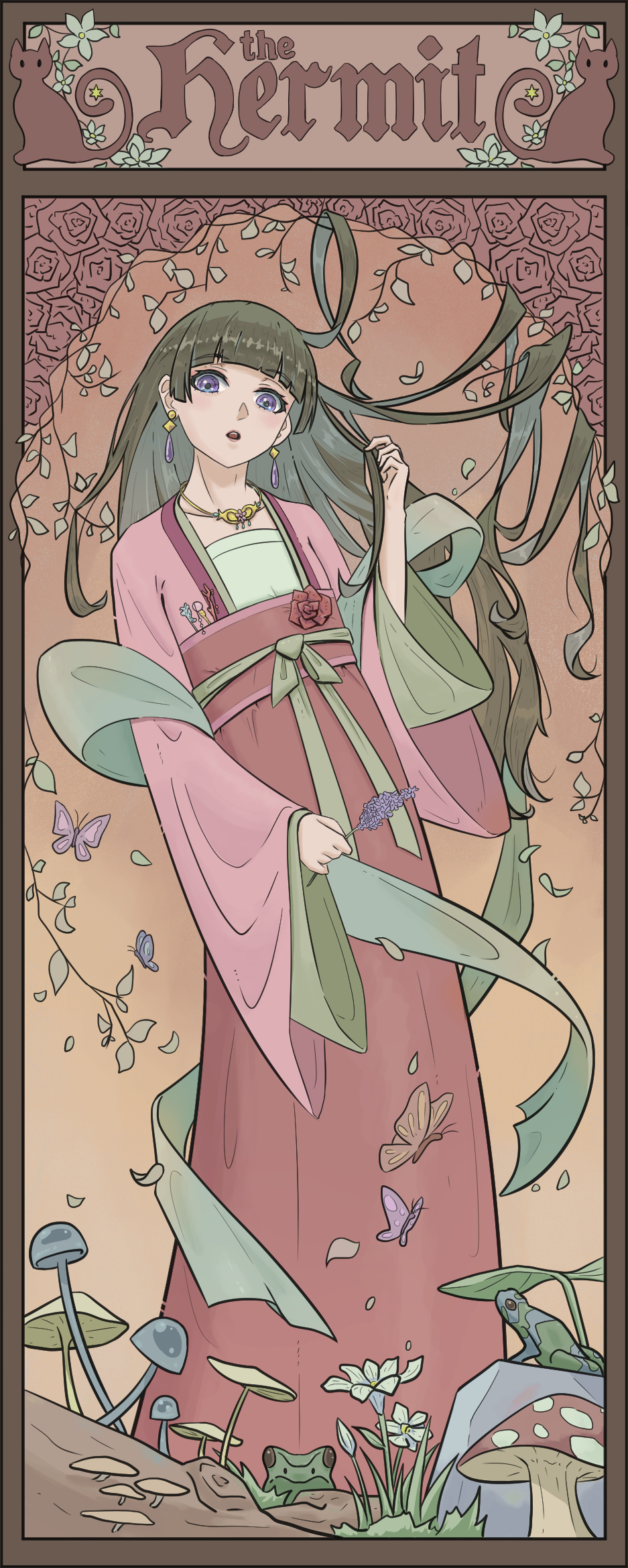1girl animal blunt_bangs border bug butterfly cat chinese_clothes english_text feet_out_of_frame flat_chest flower frog gradient_background green_hair hair_down hair_ornament hair_stick hand_up hanfu highres holding holding_flower jewelry kusuriya_no_hitorigoto leaf leaning_to_the_side lipstick long_hair makeup maomao_(kusuriya_no_hitorigoto) mushroom necklace nuan_shang orange_background plant red_flower red_robe red_rose robe rose sash shawl solo tarot tarot_(medium) the_hermit_(tarot) unworn_hair_ornament very_long_hair vines violet_eyes wide_sleeves