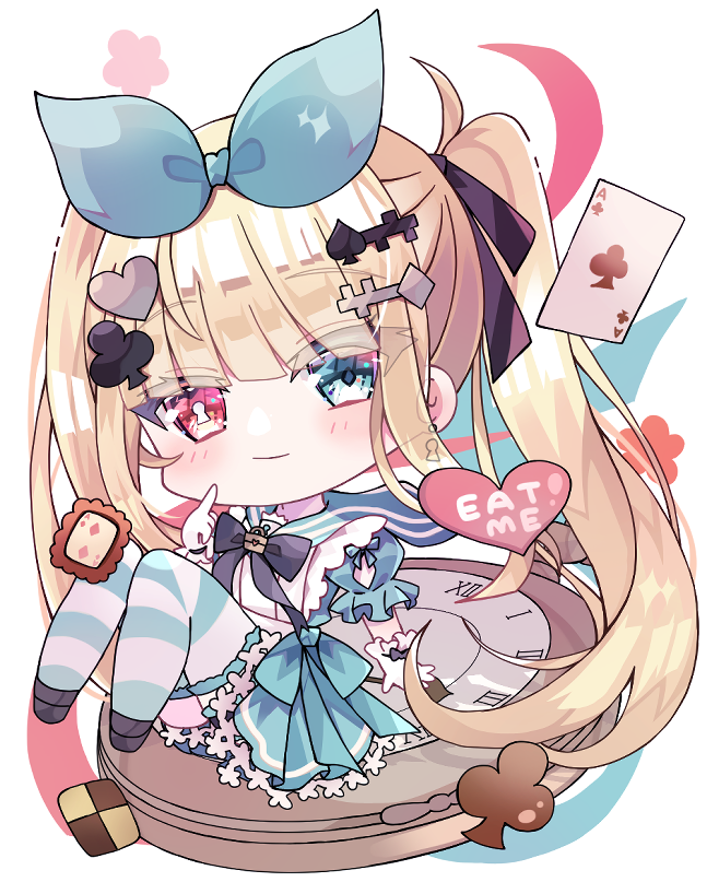 1girl ace_(playing_card) ace_of_clubs alice_(alice_in_wonderland) alice_in_wonderland aoi_yugina black_bow blonde_hair blue_eyes bow card chibi club_(shape) club_hair_ornament cookie diamond_hair_ornament earrings eat_me food hair_ornament hair_ribbon heart heart_hair_ornament heterochromia jewelry keyhole lock looking_at_viewer playing_card pocket_watch red_eyes ribbon solo spade_hair_ornament striped striped_thighhighs symbol-shaped_pupils thigh-highs twintails watch