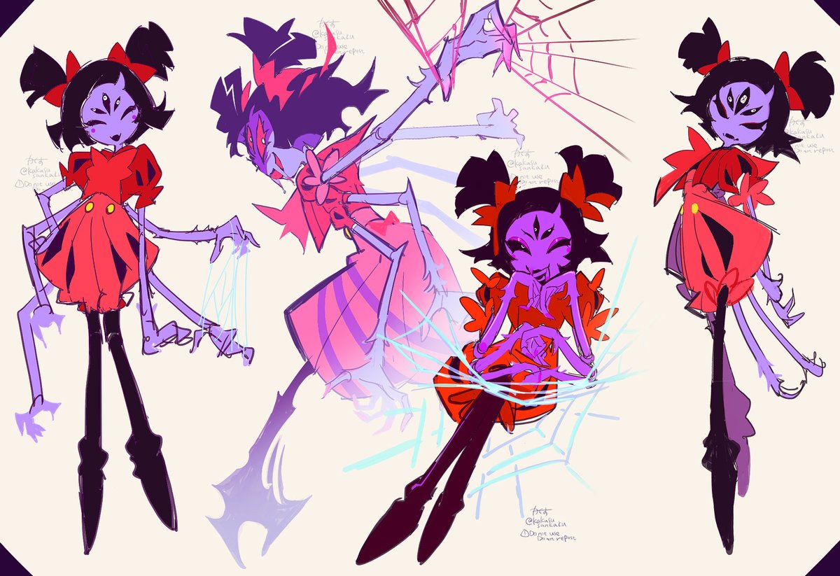 1girl anthropod_girl arthropod_girl black_hair colored_skin dress extra_ears extra_eyes fangs hair_ribbon muffet multiple_views open_mouth purple_skin red_dress red_ribbon ribbon senjochi_janai short_hair short_sleeves silk simple_background skin_fangs spider_girl spider_web twintails twitter_username undertale