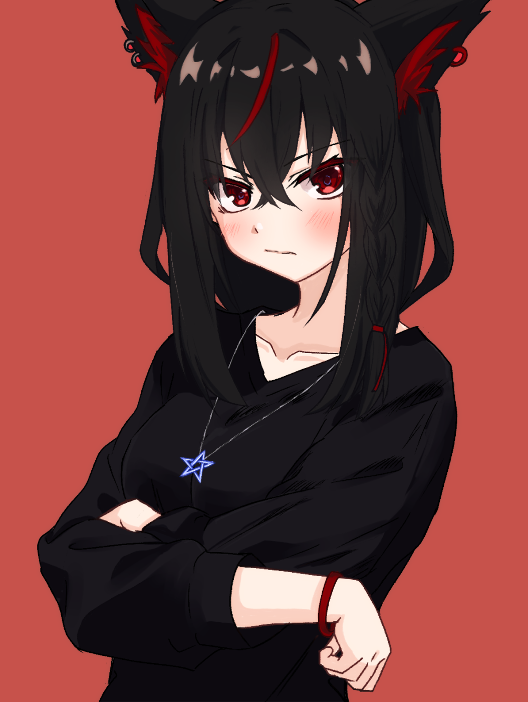 1girl animal_ears arms_under_breasts black_hair black_shirt braid breasts fox_ears fox_girl frown highres hololive jewelry kurokami_fubuki long_sleeves looking_at_viewer multicolored_hair nagare_(nagare_fuc) necklace pendant pentagram pentagram_necklace red_background red_eyes redhead shirt side_braid single_braid streaked_hair two-tone_hair virtual_youtuber