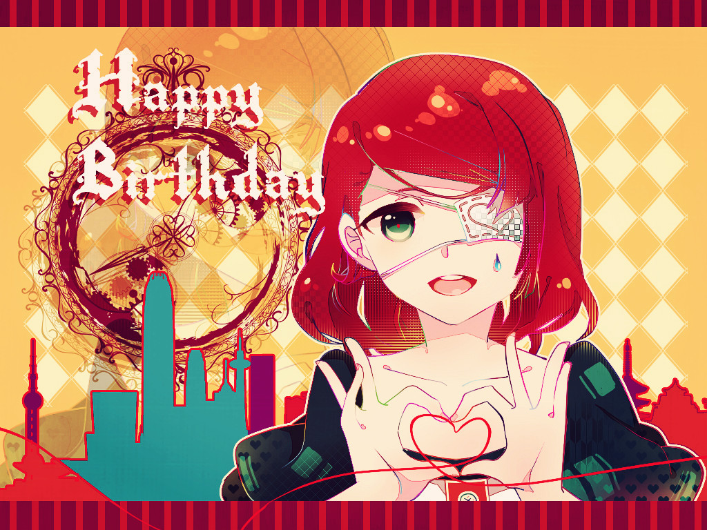 1girl argyle argyle_background border chinese_commentary cityscape collarbone commentary_request compass english_text eyepatch fingernails green_eyes green_sleeves happy_birthday heart heart_hands heart_of_string heart_print huangpi_sang juliet_sleeves letterboxed long_sleeves looking_at_viewer marking_on_cheek medical_eyepatch medium_hair one-eyed open_mouth original outline puffy_sleeves red_border red_pupils redhead shirt smile solo straight-on striped_border teardrop_facial_mark teeth upper_body upper_teeth_only white_outline white_shirt yellow_background