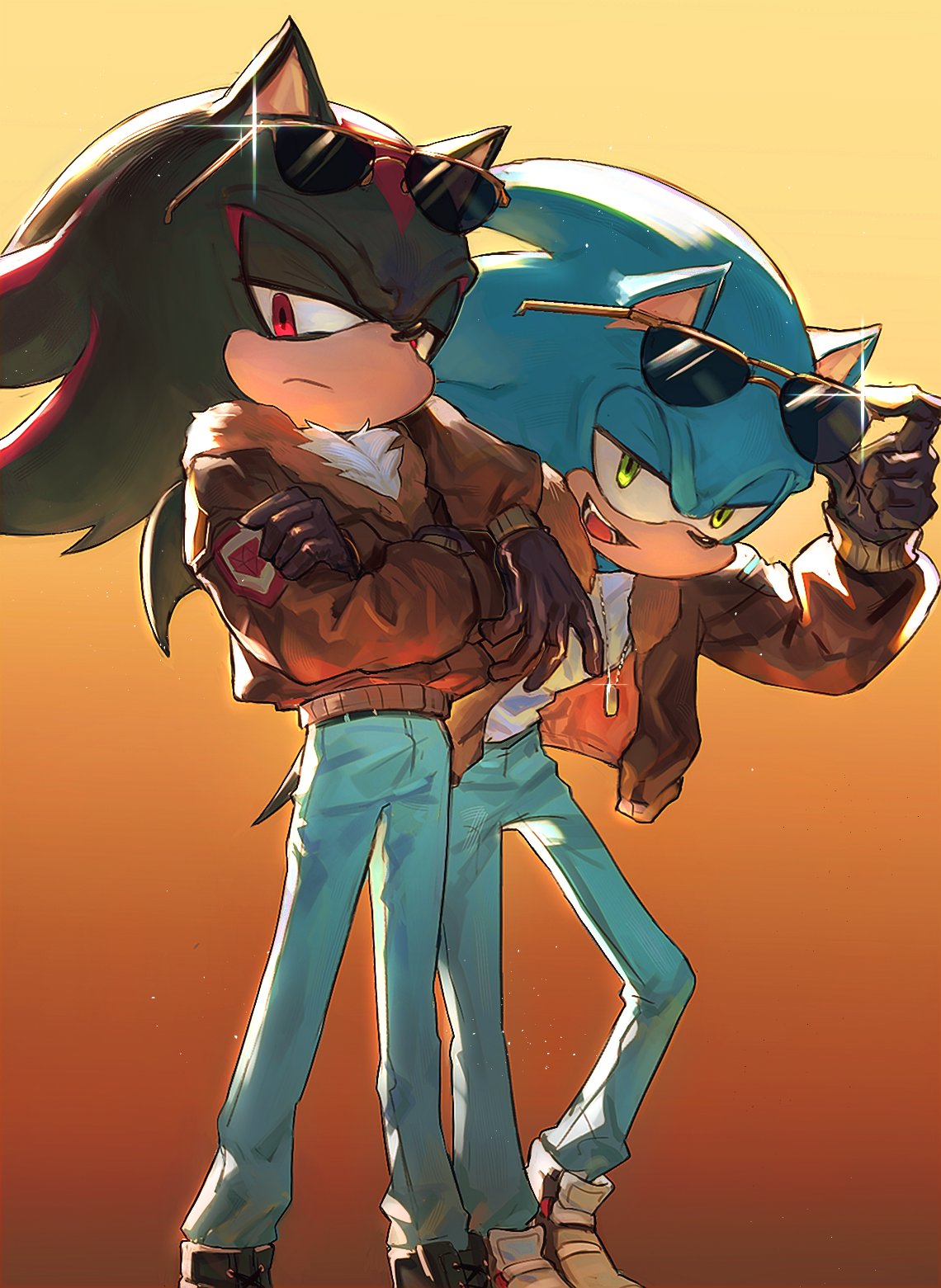 2boys animal_ears animal_nose arm_on_another's_shoulder belt black_fur blue_fur brown_gloves brown_jacket crossed_arms denim duck_x805 eyewear_on_head feet_out_of_frame fur-trimmed_jacket fur_trim furry furry_male gloves glowing glowing_eyes gradient_background green_eyes hedgehog hedgehog_ears highres jacket jeans jewelry long_sleeves male_focus multiple_boys necklace open_clothes open_jacket orange_background pants red_eyes shadow shadow_the_hedgehog shirt shoes simple_background smile sneakers sonic_(series) sonic_the_hedgehog sunglasses teeth tongue white_shirt white_sneakers