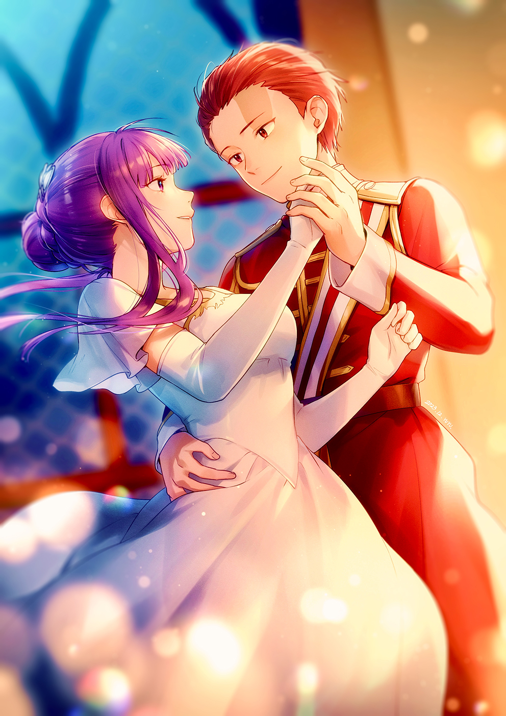1boy 1girl ballroom closed_mouth dancing dress elbow_gloves fern_(sousou_no_frieren) forehead gloves hair_bun hair_pulled_back highres indoors long_hair long_sleeves looking_at_another night open_mouth pants purple_hair redhead scar scar_on_face scar_on_forehead short_hair short_sleeves sidelocks smile sousou_no_frieren stark_(sousou_no_frieren) suit teeth upper_teeth_only violet_eyes white_dress white_gloves yuyu_(yuyudesu0806)