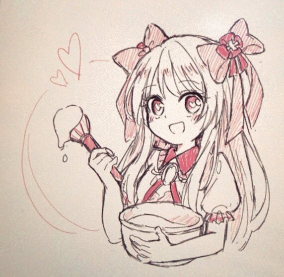 1girl blush bowl chaos_marie_(grimms_notes) cleavage_cutout clothing_cutout cooking grimms_notes hair_ribbon heart holding holding_bowl jewelry monochrome necklace oekaki_suru open_mouth pendant pink_eyes puffy_short_sleeves puffy_sleeves ribbon short_sleeves smile solo traditional_media upper_body whisk