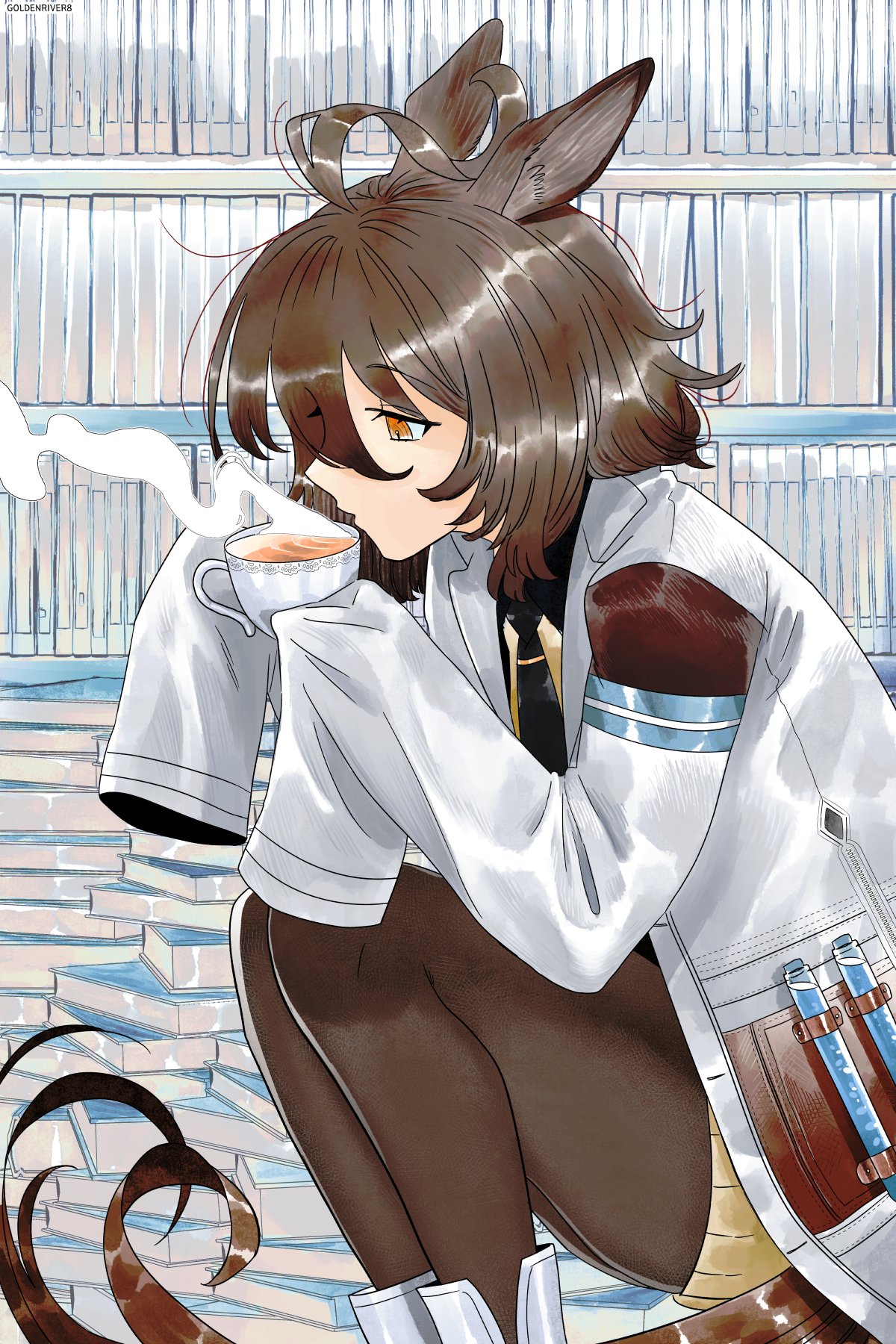 1girl agnes_tachyon_(umamusume) ahoge black_necktie black_pantyhose book brown_eyes brown_hair commentary_request cork cup from_side goldenriver8 highres holding holding_cup horse_girl korean_commentary lab_coat messy_hair necktie pantyhose short_hair sitting sleeves_past_fingers sleeves_past_wrists solo sweater teacup test_tube umamusume yellow_sweater