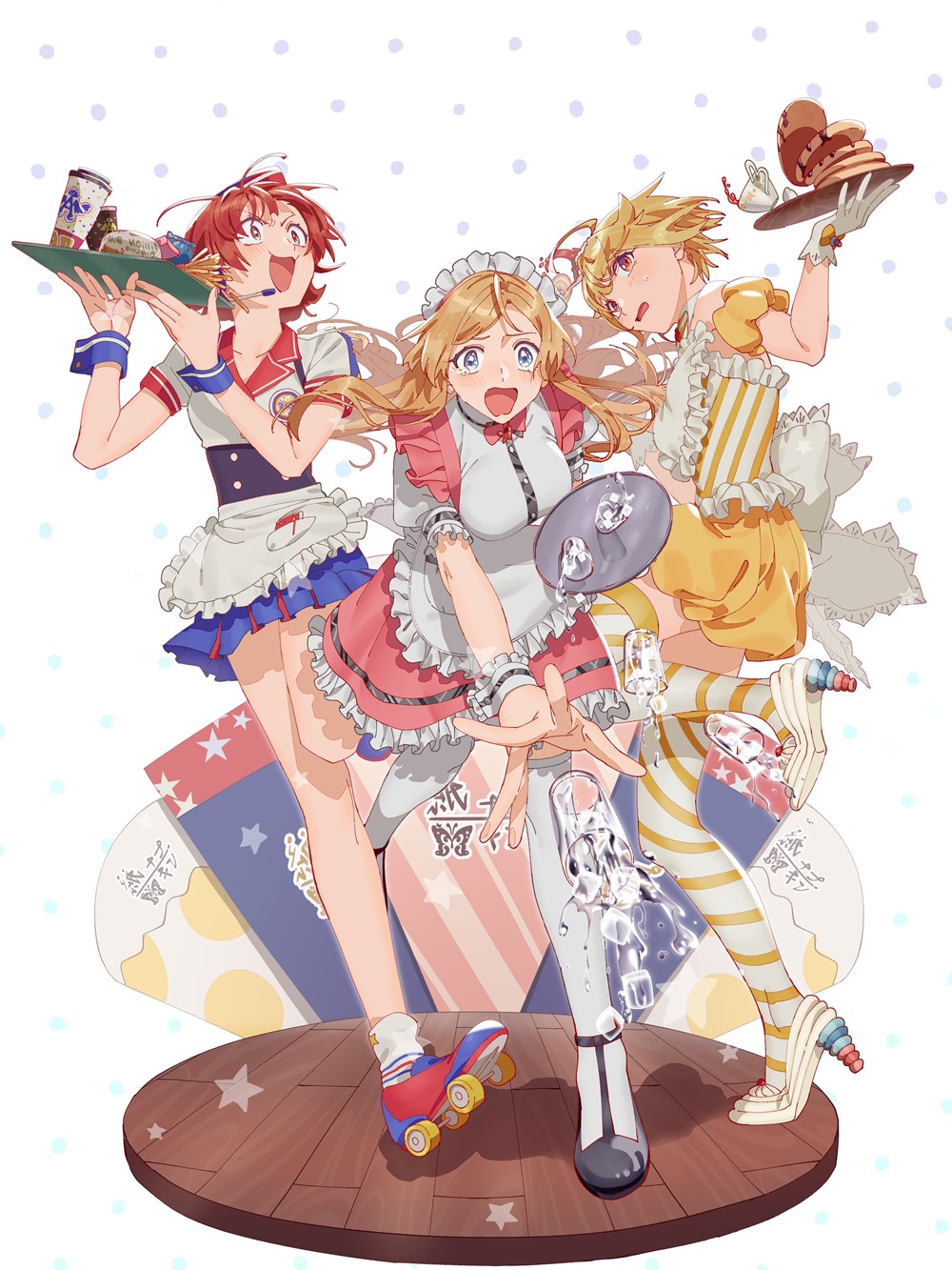 3girls ahoge apron bare_shoulders black_corset black_footwear blonde_hair bloomers blue_eyes blue_skirt blue_wrist_cuffs blush bow bowtie breasts brown_eyes brown_hair burger burger_skater_(idolmaster) collarbone corset cup detached_sleeves disposable_cup dot_nose dress food french_fries frilled_apron frilled_dress frills full_body gloves hands_up headset high_heels highres holding holding_tray hoyaza1561 ibuki_tsubasa ice ice_cube idolmaster idolmaster_million_live! idolmaster_million_live!_theater_days large_breasts leg_up long_hair looking_at_another looking_at_viewer medium_breasts messy_hair miniskirt multiple_girls nonohara_akane open_mouth pancake pink_bow pink_bowtie pink_dress pleated_skirt polka_dot polka_dot_background pretty_waitress_(idolmaster) print_socks puffy_short_sleeves puffy_sleeves red_eyes red_trim roller_skates shinomiya_karen shirt short_hair short_sleeves skates skirt socks spilling standing standing_on_one_leg star_(symbol) star_print striped striped_shirt striped_thighhighs sweatdrop teacup tears teatime_happiness_(idolmaster) thigh-highs tray two-tone_footwear waist_apron white_apron white_background white_footwear white_gloves white_headdress white_shirt white_socks white_thighhighs white_wrist_cuffs wooden_floor yellow_bloomers yellow_shirt yellow_sleeves yellow_thighhighs