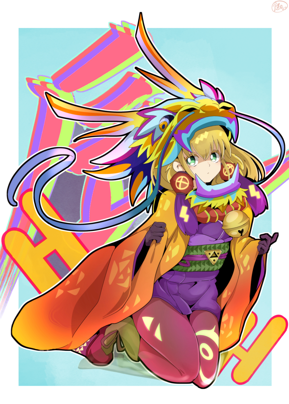 1other ambiguous_gender androgynous animal_helmet bell blonde_hair dragon duel_monster earrings eastern_dragon gloves green_eyes highres japanese_clothes jewelry jingle_bell kimono long_sleeves mochi_curry noh-p.u.n.k._ze_amin pantyhose red_pantyhose shoes short_kimono solo very_long_sleeves yu-gi-oh!