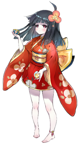 1girl anklet artist_request barefoot black_hair black_sclera blush colored_sclera flower full_body game_cg hair_flower hair_ornament japanese_clothes jewelry kimono long_hair lowres monster_musume_no_iru_nichijou monster_musume_no_iru_nichijou_online obi official_art orange_hair pale_skin red_eyes red_kimono sasami_(monster_musume) sash solo tachi-e transparent_background wide_sleeves