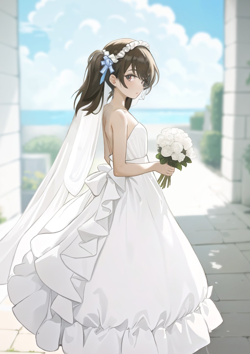 1girl alternate_costume bare_shoulders bouquet breasts brown_eyes dress from_side hairband highres holding holding_bouquet kantai_collection looking_at_viewer looking_to_the_side magatama nito_(nshtntr) ryuujou_(kancolle) sleeveless sleeveless_dress small_breasts solo strapless strapless_dress twintails wedding_dress white_dress white_hairband
