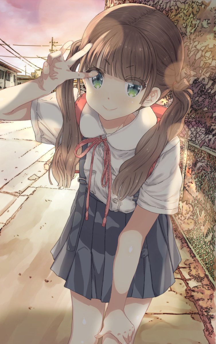 1girl backpack bag blue_skirt brown_hair closed_mouth commentary_request green_eyes hair_intakes hand_on_own_knee heart heart_in_eye lens_flare long_hair looking_at_viewer original outdoors ozzzzy pleated_skirt randoseru road skirt smile solo symbol_in_eye twintails w