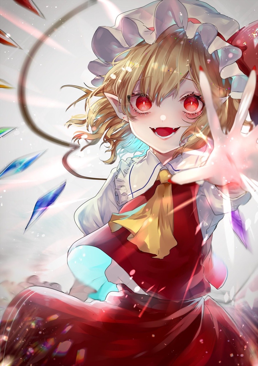 1girl ascot blonde_hair bow clothes_lift collar collared_vest commentary_request cowboy_shot crystal_wings eyelashes fangs fingernails flandre_scarlet frilled_collar frilled_headwear frilled_skirt frills glowing glowing_eyes hat hat_bow highres incoming_attack light_blush looking_at_viewer magic miniskirt mob_cap nail_polish open_mouth outstretched_arm pale_skin pointy_ears puffy_short_sleeves puffy_sleeves red_bow red_eyes red_nails red_skirt red_vest sharp_fingernails shirt short_hair short_sleeves skirt skirt_lift skirt_set smile solo suzune_hapinesu teeth touhou vest white_background white_collar white_headwear white_shirt white_sleeves yellow_ascot