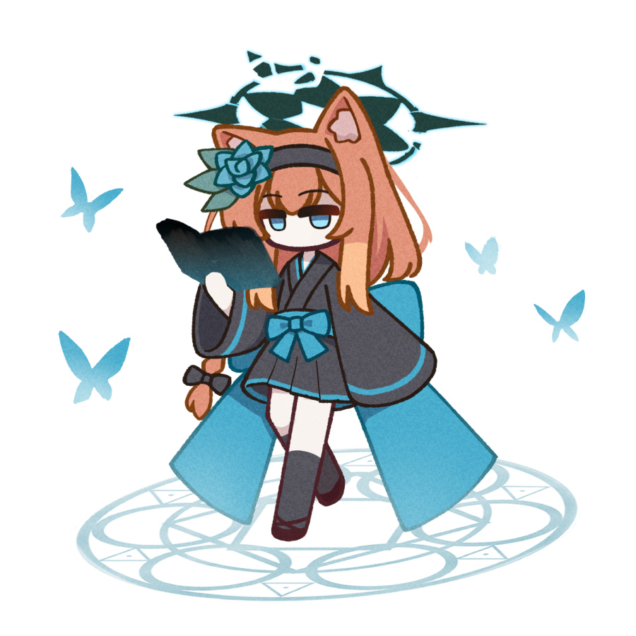 1girl animal_ears apricotlemontea back_bow black_bow blue_archive blue_eyes book bow broken_halo bug butterfly flower hair_bow hair_flower hair_ornament halo holding holding_book magic_circle mari_(blue_archive) open_book orange_hair sleeves_past_fingers sleeves_past_wrists solo