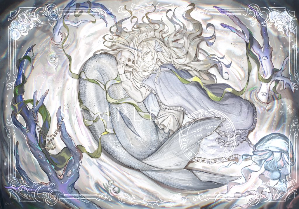 1boy air_bubble androgynous animal blonde_hair blue_cape blue_hair blue_horns blue_scales bubble cape cindymeimezu coral fins floating_hair frilled_cape full_body gradient_hair hands_up head_fins holding holding_skull horns inset_border jellyfish long_hair long_sleeves looking_at_object lying male_focus merman monster_boy multicolored_hair on_side original ornate_border parted_lips scales seafloor seaweed shirt sidelocks single_horn skull solo underwater very_long_hair wavy_hair white_shirt