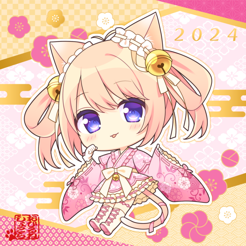 1girl 2024 :p animal_ear_fluff animal_ears bell blush boots cat_ears cat_girl cat_tail chibi closed_mouth commentary_request copyright_request cross-laced_footwear egasumi full_body gloves hair_bell hair_between_eyes hair_ornament hair_rings japanese_clothes jingle_bell kimono knee_boots lace-up_boots light_brown_hair long_sleeves outline pinching_sleeves pink_kimono ryuuka_sane short_kimono sleeves_past_wrists smile solo tail tongue tongue_out twintails violet_eyes white_footwear white_gloves white_outline wide_sleeves