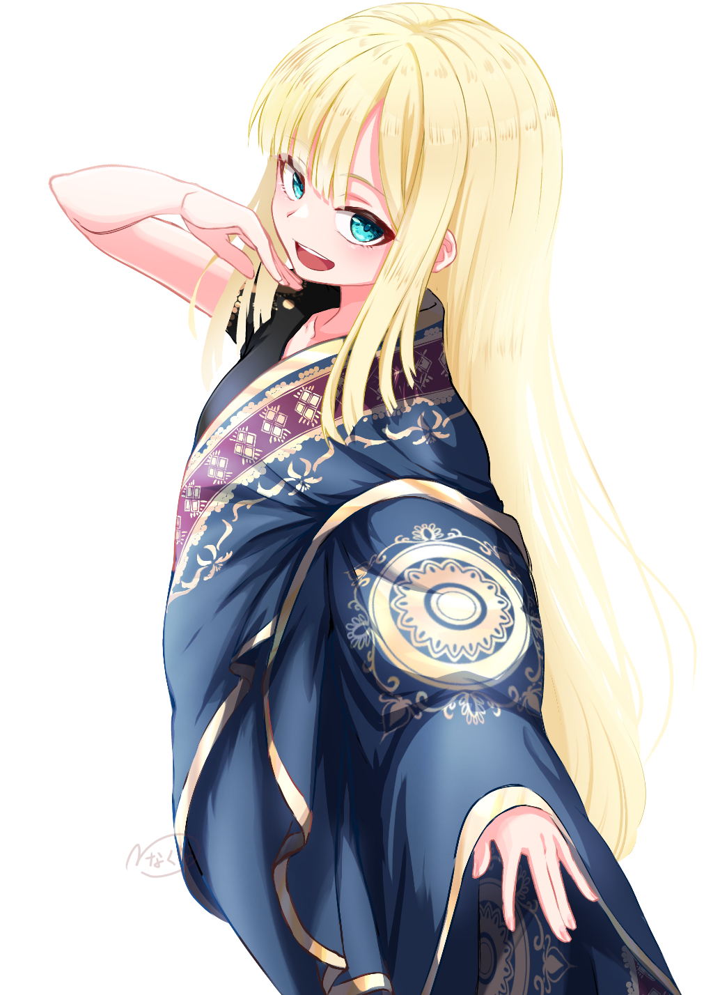 1girl aqua_eyes black_shirt blonde_hair blue_dress blush breasts dress fate/grand_order fate_(series) gold_trim highres indian_clothes long_hair long_sleeves looking_at_viewer nakunaro open_mouth reines_el-melloi_archisorte reines_el-melloi_archisorte_(dream_portrait)_(fate) sari shirt sidelocks small_breasts smile wide_sleeves