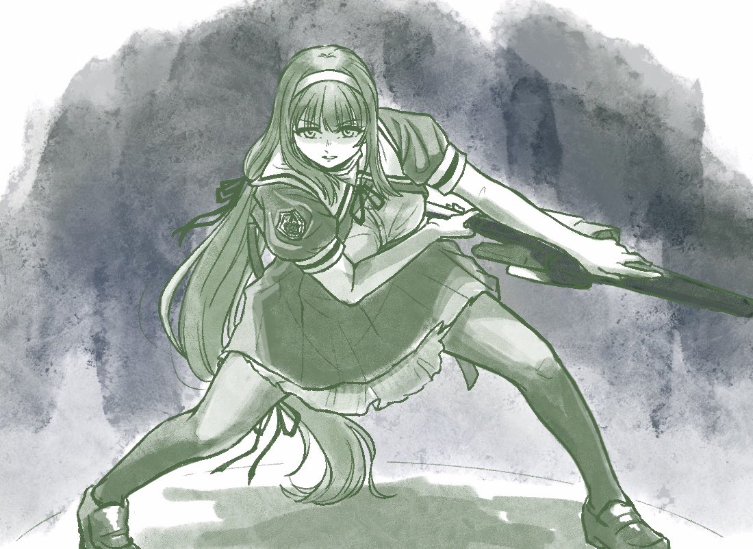 1girl assault_lily breasts cropped_jacket emblem feet_out_of_frame fighting_stance gradient_background grey_background hairband hasebe_touka heel_up holding holding_weapon large_breasts leaning_forward legs_apart loafers long_hair looking_at_viewer low-tied_long_hair miniskirt monochrome neck_ribbon pantyhose parted_lips pleated_skirt puffy_sleeves rakko_(rakko_stali99) ribbon school_uniform shirt shoes sidelocks skirt solo standing two-handed v-shaped_eyebrows very_long_hair weapon white_background yurigaoka_girls_academy_school_uniform