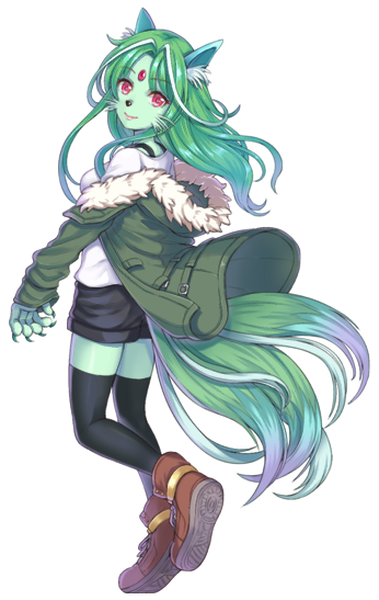 1girl animal_ears animal_hands animal_nose artist_request black_shorts black_thighhighs black_undershirt brown_footwear cholan_(monster_musume) claws colored_skin full_body fur-trimmed_jacket fur_trim game_cg green_hair green_jacket green_skin green_tail hood hood_down jacket lips long_hair looking_at_viewer monster_musume_no_iru_nichijou monster_musume_no_iru_nichijou_online official_art red_eyes shirt shoes shorts tachi-e tail thigh-highs transparent_background whiskers white_shirt