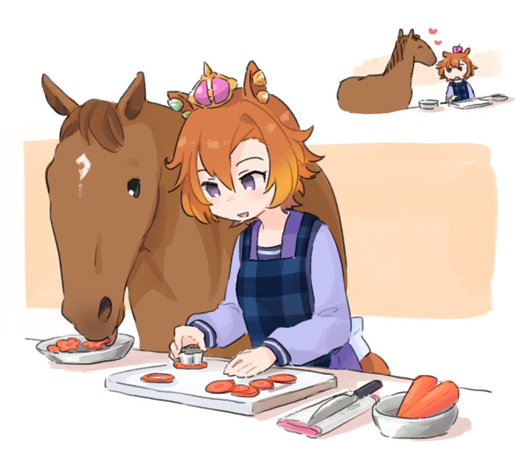 1girl animal animal_ears carrot cooking crown heart horse horse_ears horse_girl school_uniform t.m._opera_o_(umamusume) tansu tracen_school_uniform umamusume
