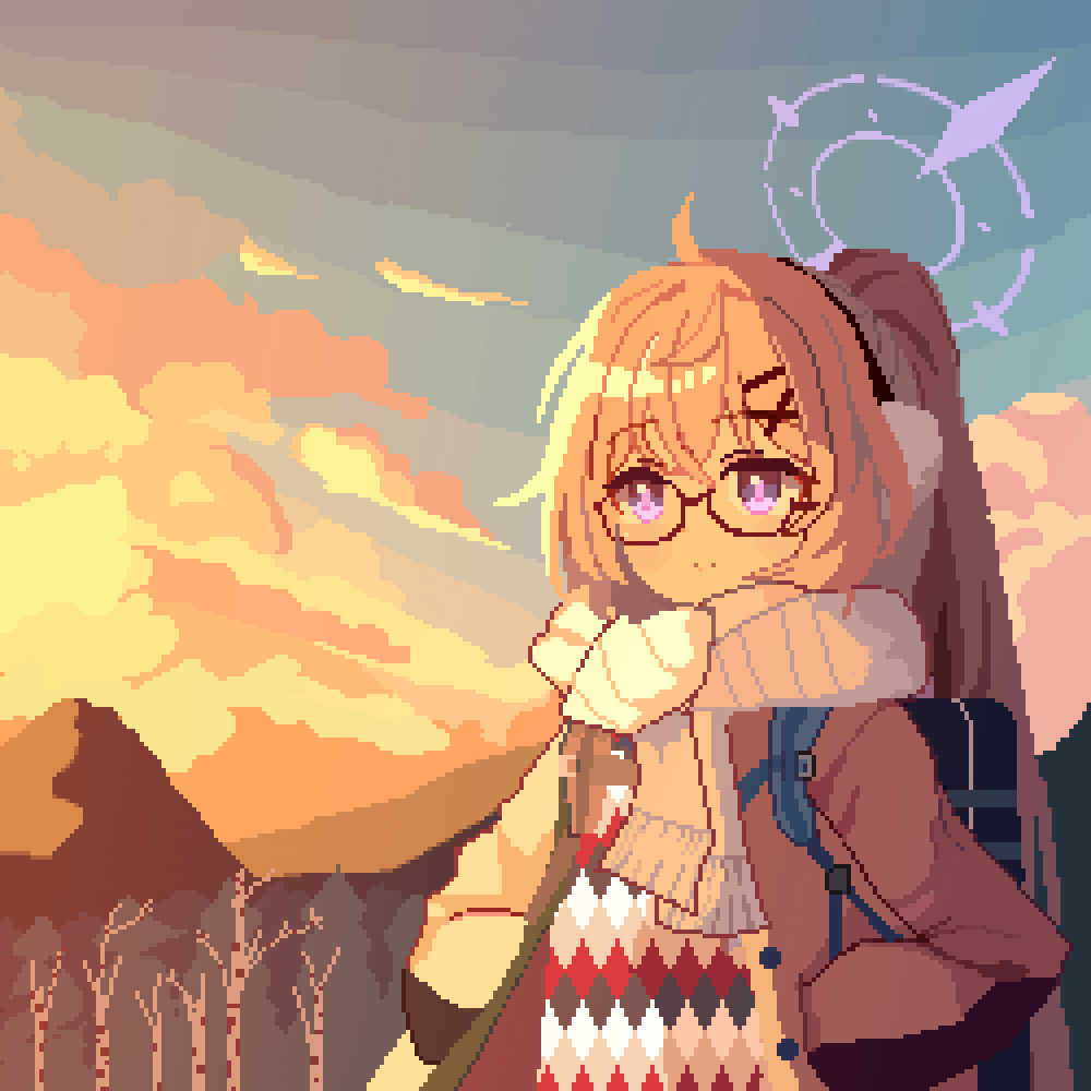 1girl ahoge backpack bag black-framed_eyewear blonde_hair blue_archive buttons closed_mouth clouds cloudy_sky earmuffs glasses hair_between_eyes halo hands_in_pockets jacket kotama_(blue_archive) kotama_(camp)_(blue_archive) long_hair long_sleeves official_alternate_costume official_alternate_hairstyle open_clothes open_jacket outdoors pixel_art ponytail purple_halo scarf sky smile solo tinia_etru upper_body violet_eyes white_scarf yellow_jacket