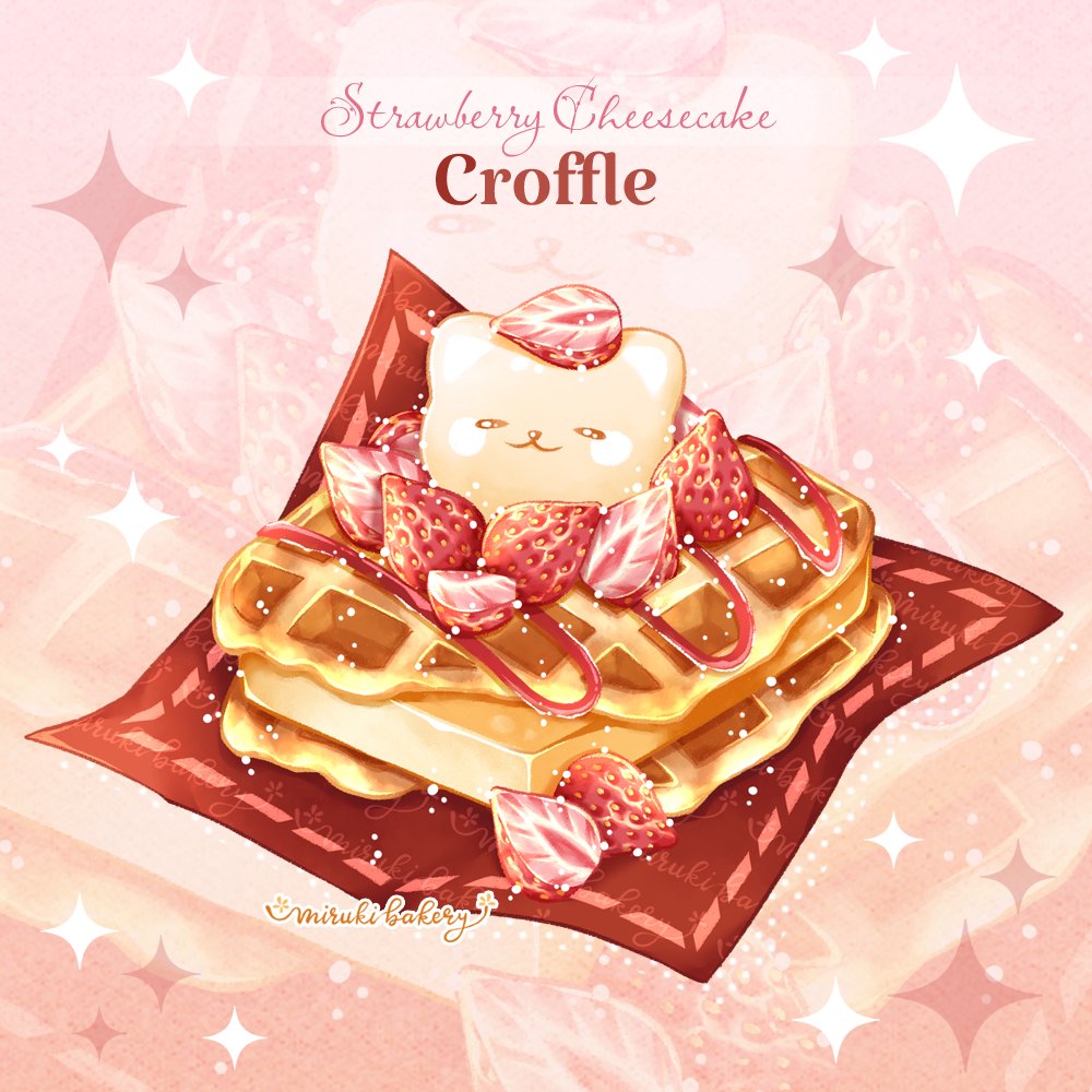 artist_name bear chocomiruki cream_cheese english_text food food_focus fruit no_humans original paper still_life strawberry strawberry_slice strawberry_syrup sweets syrup waffle