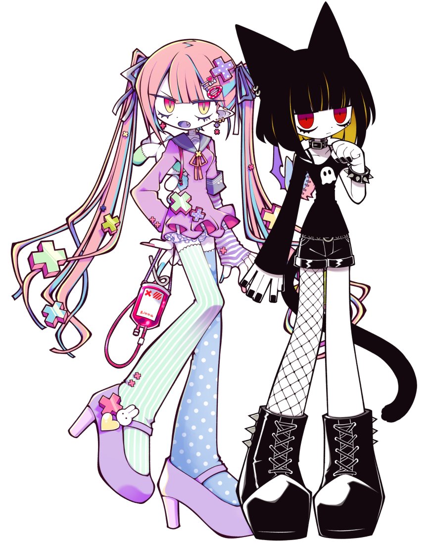 2girls animal_ears arm_warmers black_bracelet black_collar black_footwear black_hair black_nails black_shirt black_shorts blue_hair blue_nails blue_thighhighs blunt_bangs bow bracelet bright_pupils cat_ears cat_girl cat_tail cawshain collar colored_skin colored_tongue cross_ornament earrings fang funamusea funamusea_(artist) gothic gradient_eyes hair_bow hair_ornament hairclip heart-shaped_ornament jewelry malon_fig multicolored_eyes multicolored_hair multiple_girls off-shoulder_shirt off_shoulder official_art open_mouth orange_hair pink_arm_warmers pink_eyes pink_hair pink_nails pink_serafuku pointy_ears polka_dot_thighhighs print_shirt purple_bow purple_footwear purple_sailor_collar purple_tongue rabbit_ornament red_eyes sailor_collar sandals school_uniform serafuku shirt shorts single_fishnet_legwear spiked_boots spiked_bracelet spikes streaked_hair striped striped_arm_warmers striped_thighhighs tail thigh-highs two-tone_hair white_pupils white_skin x yellow_eyes