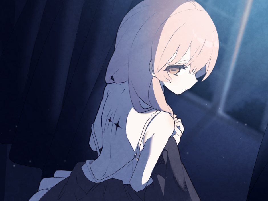 122pxsheol 1girl bare_back black_dress dress expressionless game_cg hair_down happy_saint_sheol holding holding_clothes horizontal_pupils looking_back maya_elbeth medium_hair night non-web_source official_art orange_eyes pink_hair profile solo star_(symbol) undressing upper_body
