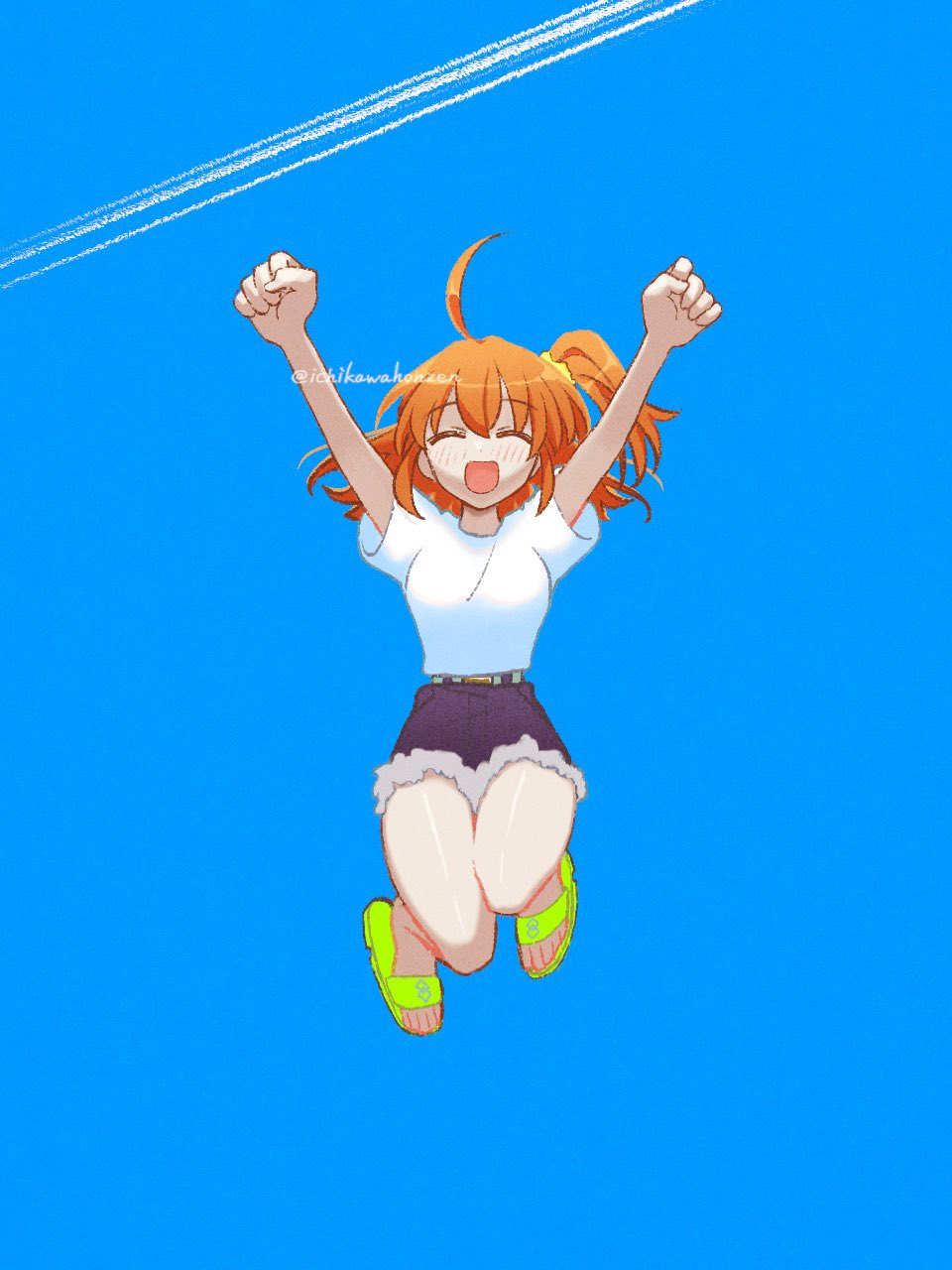 1girl ahoge arms_up blue_sky closed_eyes commentary_request facing_viewer fate/grand_order fate_(series) fujimaru_ritsuka_(female) full_body highres ichikawahonzen jumping medium_hair one_side_up open_mouth orange_hair shirt short_shorts shorts sky slippers smile solo t-shirt white_shirt