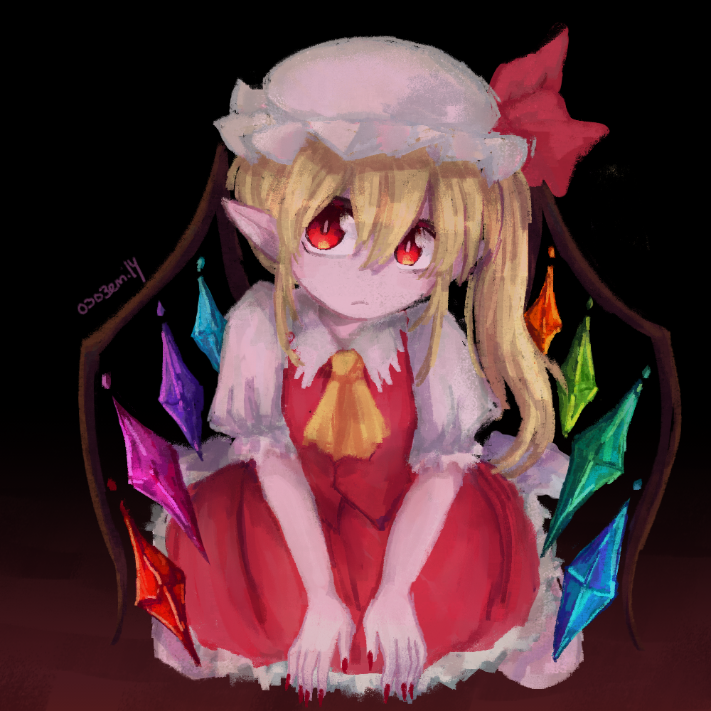 0303emily 1girl ascot black_background blonde_hair brown_background closed_mouth collared_shirt crystal dark_background flandre_scarlet frilled_skirt frills frown hair_between_eyes hat looking_at_viewer medium_hair mob_cap multicolored_wings nail_polish one_side_up pointy_ears puffy_short_sleeves puffy_sleeves red_eyes red_nails red_skirt red_vest shirt short_sleeves simple_background skirt skirt_set solo touhou vest white_headwear white_shirt wings yellow_ascot