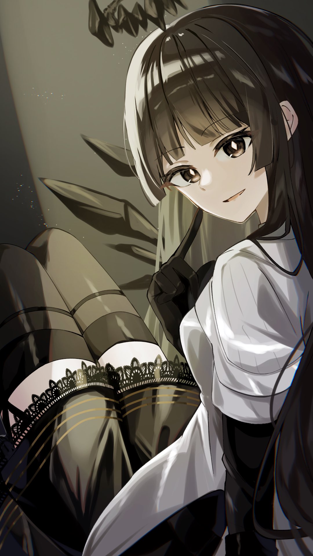 1girl arknights black_eyes black_garter_straps black_gloves black_hair black_skirt black_sleeves black_thighhighs black_wings blunt_bangs breasts bright_pupils commentary_request detached_wings diamond-shaped_pupils diamond_(shape) energy_wings eyelashes feet_out_of_frame finger_to_cheek from_behind garter_straps gloves hair_flowing_over happy head_tilt highres index_finger_raised jacket knees_up lace-trimmed_skirt lace_trim layered_sleeves light_particles long_hair long_sleeves looking_at_viewer looking_back medium_breasts miniskirt nishimiya_aki open_mouth pale_skin shadow short_over_long_sleeves short_sleeved_jacket short_sleeves sidelocks sitting skirt smile solo spotlight straight_hair strap symbol-shaped_pupils thigh-highs thighs very_long_hair virtuosa_(arknights) white_jacket white_pupils wings zettai_ryouiki