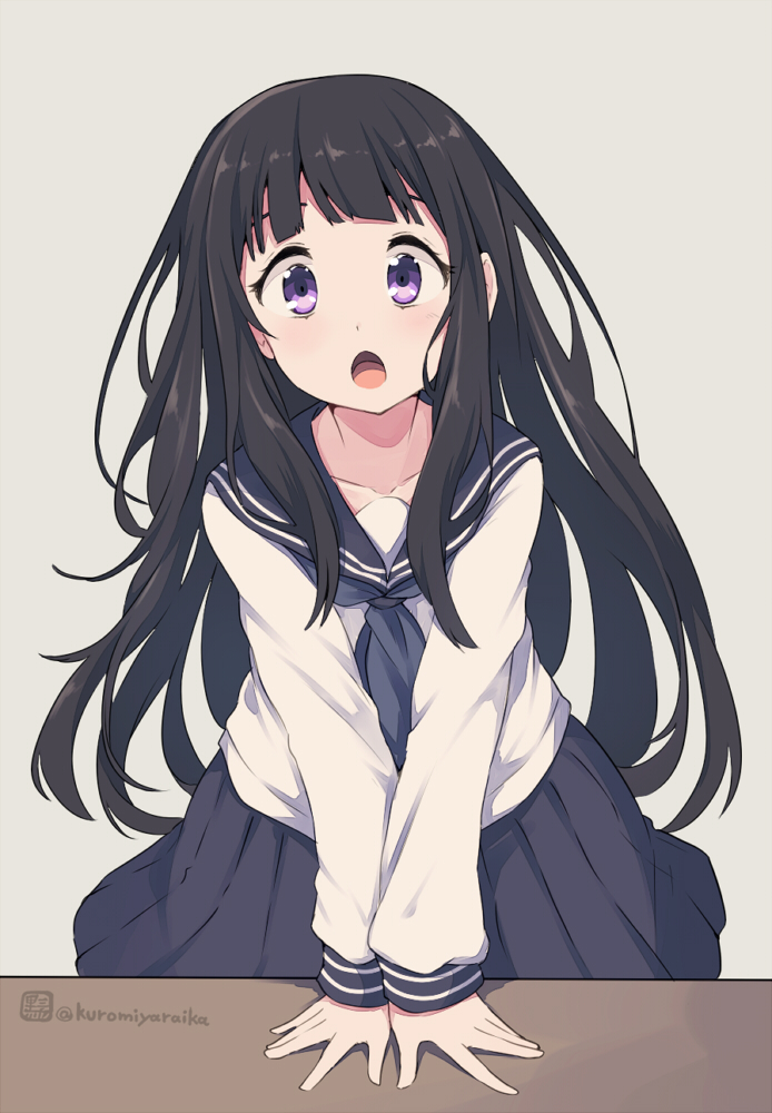 1girl black_hair black_neckerchief black_sailor_collar black_skirt chitanda_eru collarbone eyebrows_hidden_by_hair grey_background hyouka kuromiya long_sleeves looking_at_viewer neckerchief one-hour_drawing_challenge open_mouth own_hands_together pleated_skirt puffy_long_sleeves puffy_sleeves sailor_collar shirt simple_background skirt solo twitter_username violet_eyes white_shirt