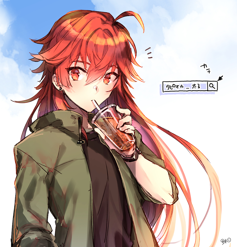 1boy ahoge androgynous black_shirt bubble_tea drink earrings fate/grand_order fate_(series) green_jacket hair_between_eyes holding holding_drink jacket jewelry looking_at_viewer male_focus orange_eyes orange_hair rama_(fate) satoimo_(3311_mi) shirt simple_background sketch solo upper_body watch watch