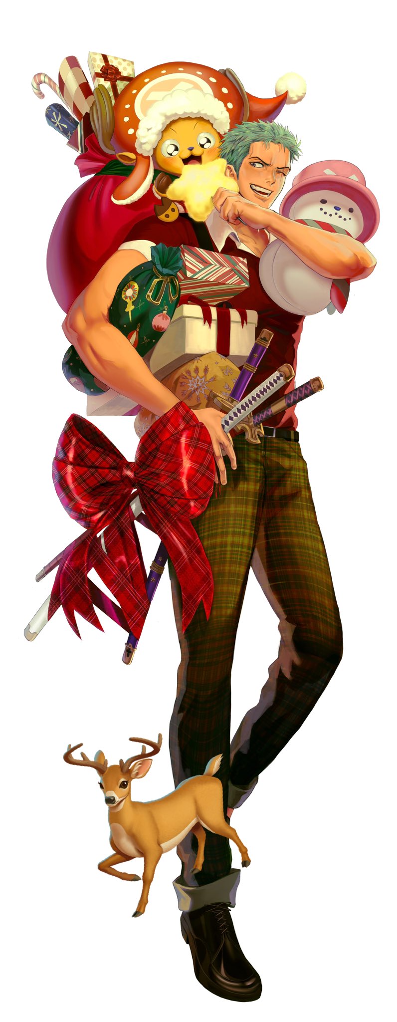 2boys blush box brown_fur candy candy_cane carrying carrying_under_arm cotton_candy food full_body gift gift_box green_hair happy highres holding holding_sword holding_weapon male_focus multiple_boys nok_(nok_1) one_eye_closed one_piece open_mouth oversized_hat red_bag red_headwear red_shirt roronoa_zoro scar scar_across_eye scar_on_face shirt short_hair sideburns simple_background sitting_on_shoulder stuffed_toy sword tony_tony_chopper triple_wielding weapon white_background