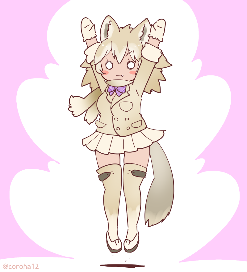 1girl animal_ears arms_up bow bowtie coroha extra_ears full_body gloves grey_hair jacket jumping kemono_friends kemono_friends_3 long_hair looking_at_viewer pink_background shoes simple_background skirt solo tail thigh-highs tundra_wolf_(kemono_friends) wolf_ears wolf_girl wolf_tail