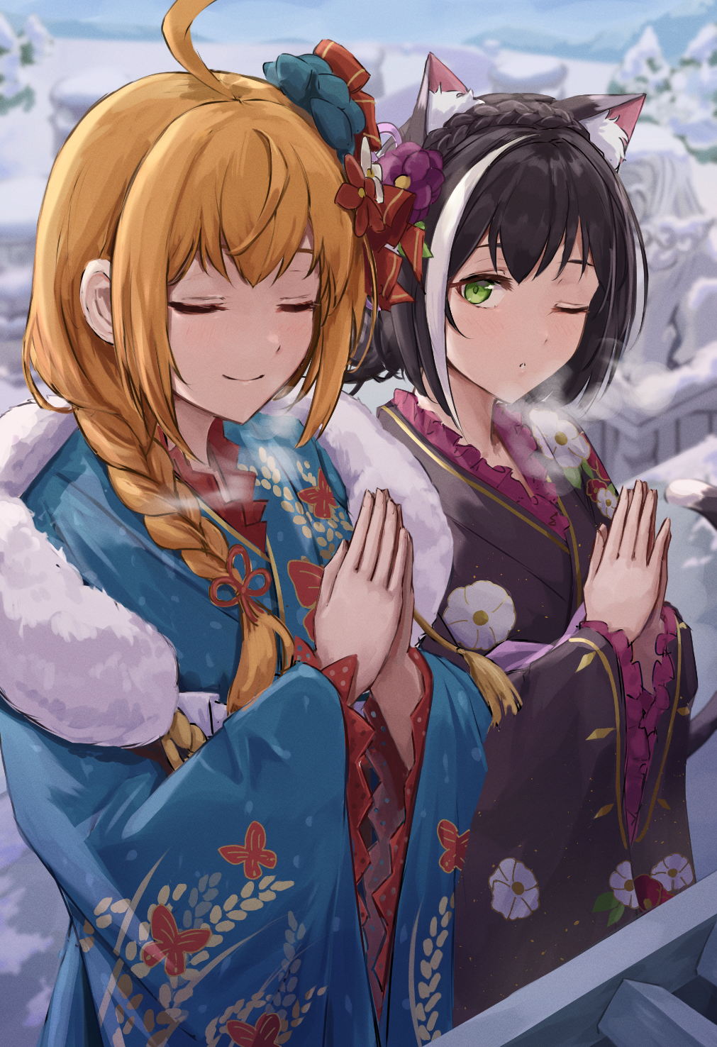 2girls ahoge animal_ears blue_kimono braid cat_ears closed_eyes green_eyes hair_ornament happy_new_year hatsumoude highres ito_t20a japanese_clothes karyl_(princess_connect!) kimono long_hair looking_at_another multicolored_hair multiple_girls official_alternate_costume one_eye_closed orange_hair palms_together pecorine_(princess_connect!) princess_connect! purple_kimono shrine two-tone_hair