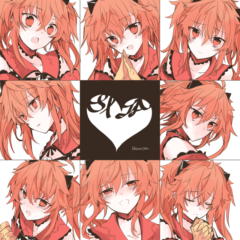 1girl :d character_name choker closed_mouth crossed_bangs empty_eyes etoryoku expressions fake_horns fate/grand_order fate/grand_order_arcade fate_(series) heart horns interlocked_fingers looking_at_viewer open_mouth orange_eyes orange_hair red_choker shaded_face simple_background sita_(fate) smile steepled_fingers twintails white_background