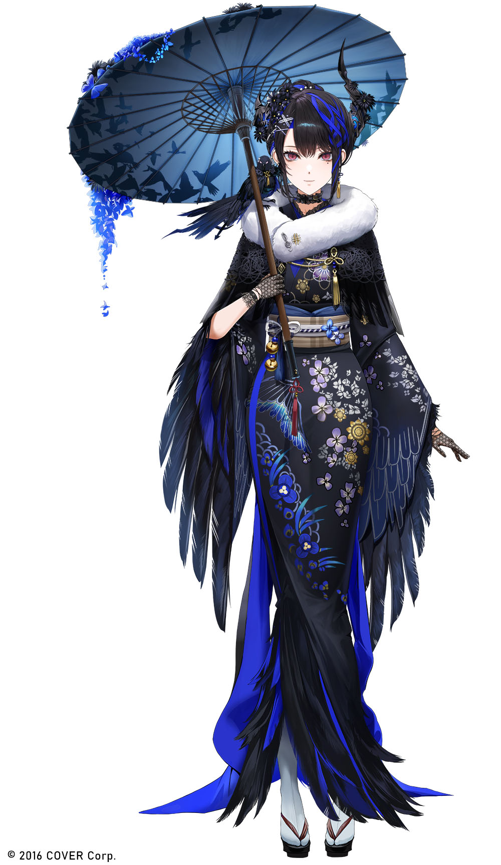 1girl asymmetrical_horns black_hair black_kimono black_wings blue_hair colored_inner_hair demon_horns feathered_wings floral_print_kimono full_body fur_collar hair_ornament highres holding holding_umbrella hololive hololive_english horns japanese_clothes kim_eb kimono long_hair looking_at_viewer mole mole_under_eye multicolored_hair nerissa_ravencroft nerissa_ravencroft_(new_year) official_alternate_costume official_art parasol red_eyes shadow_(nerissa_ravencroft) solo two-tone_hair umbrella virtual_youtuber wings