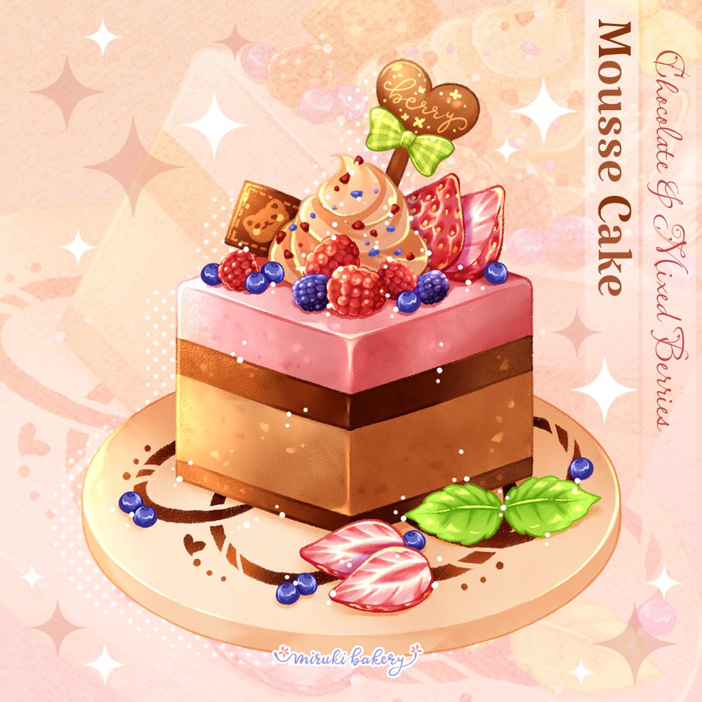 artist_name blackberry_(fruit) blueberry bow cake chocolate chocomiruki commentary_request cream cursive dessert english_text food food_focus fruit heart leaf mousse_(food) no_humans original plate raspberry still_life strawberry strawberry_slice whipped_cream