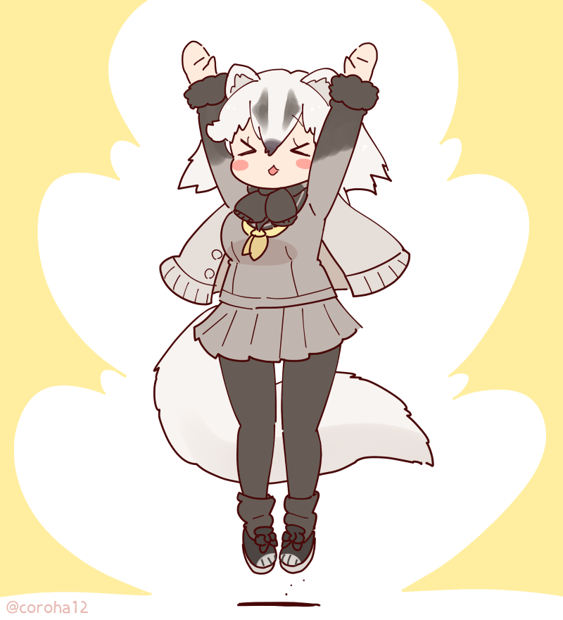 1girl animal_ears arms_up bow bowtie cardigan coroha extra_ears full_body grey_hair jacket japanese_badger_(kemono_friends) jumping kemono_friends kemono_friends_3 looking_at_viewer pantyhose sailor_collar shoes short_hair simple_background skirt socks solo tail yellow_background