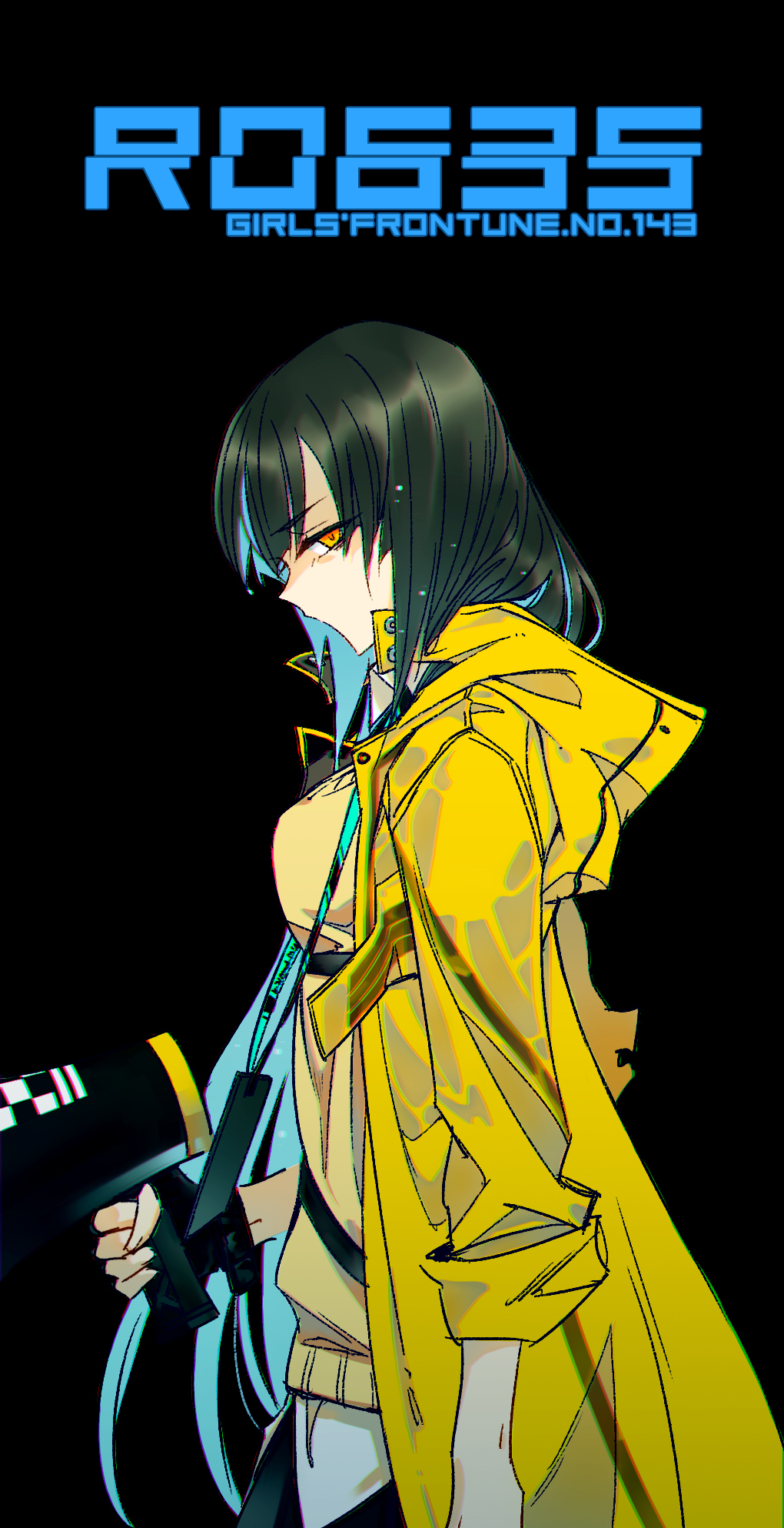 1girl black_background black_gloves black_hair black_skirt breasts character_name chinese_commentary chromatic_aberration commentary_request copyright_name fingerless_gloves from_side girls_frontline gloves half-closed_eye highres holding holding_megaphone jacket lanyard large_breasts long_hair long_sleeves looking_at_viewer looking_to_the_side megaphone open_clothes open_jacket profile ro635_(girls'_frontline) shirt simple_background skirt solo su_xiao_jei sweater upper_body white_shirt yellow_eyes yellow_jacket yellow_sweater