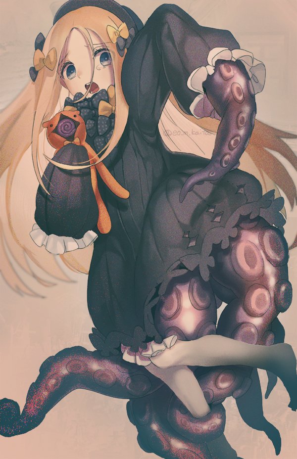 1girl abigail_williams_(fate) black_dress black_headwear blonde_hair blue_eyes bow commentary_request dress fate/grand_order fate_(series) hair_bow hat holding holding_stuffed_toy kaita_(mokamilkcup) long_hair multiple_hair_bows open_mouth pantyhose sleeves_past_fingers sleeves_past_wrists solo stuffed_animal stuffed_toy suction_cups tearing_up teddy_bear tentacles white_pantyhose